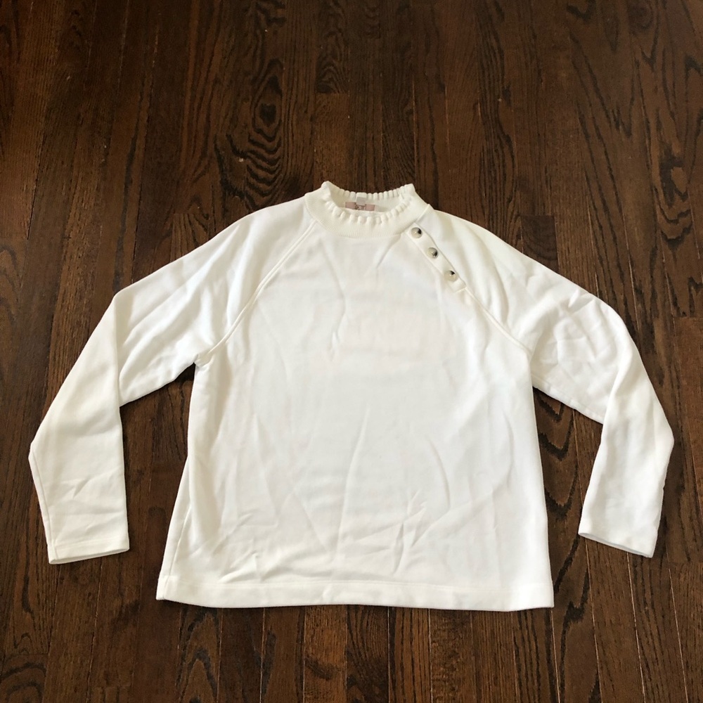 LOFT Women’s L Off-White Ruffled Collar Long-Sleeve Sweatershirt Blouse - EUC!